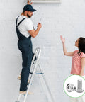 Man on ladder using tools near woman, showcasing 100 Pcs M6 X 10mm Button Head Socket Cap Bolts Made From Rust Busting 304 Stainless Steel.