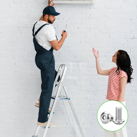 Man on ladder using tools near woman, showcasing 100 Pcs M6 X 10mm Button Head Socket Cap Bolts Made From Rust Busting 304 Stainless Steel.
