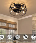 20 Inch Cage Ceiling Fan With Lights And Remote, Flush Mount Low Profile Farmhouse Ceiling Fan in Black and Gold Finish installed.