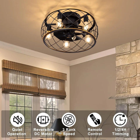 20 Inch Cage Ceiling Fan With Lights And Remote, Flush Mount Low Profile Farmhouse Ceiling Fan in Black and Gold Finish installed.