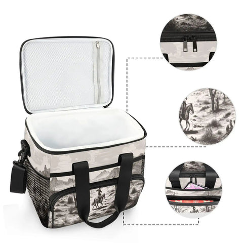 Desert Cowboy Insulated Lunch Bag with Shoulder Strap, open, showing PEVA liner, rugged design ideal for picnics and camping.