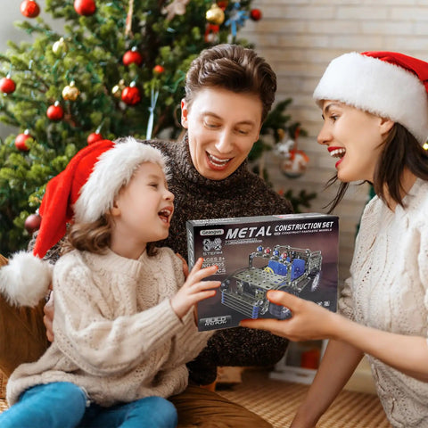Family with Santa hats gifting Hands On 283 Piece Metal Construction Kit For Builders Ages 8 To 12 With Erector Style Mechanics