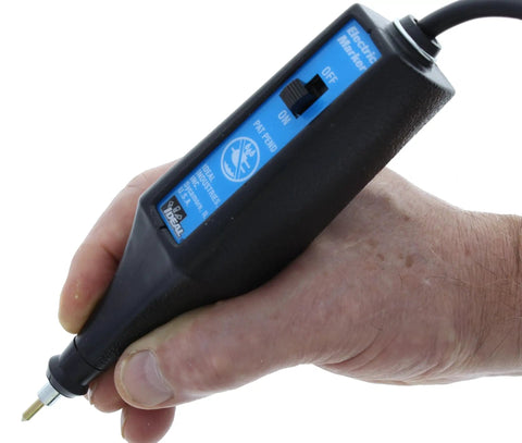Hand holding Electric Engraver With Carbide Tipped Point, 120V 60Hz, 7200 SPM, Smooth Marking With Depth Adjustable Stroke
