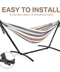 Double Hammock With Stand For Outdoor And Indoor Use Portable Space Saving Heavy Duty Steel Frame Easy Assembly 2 Person Capacity 450 Lbs Kick Back Coffee in a 10-minute install setup with striped fabric.