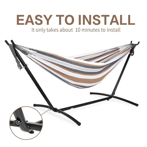 Double Hammock With Stand For Outdoor And Indoor Use Portable Space Saving Heavy Duty Steel Frame Easy Assembly 2 Person Capacity 450 Lbs Kick Back Coffee in a 10-minute install setup with striped fabric.