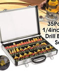 Top Shelf 35 Piece Router Bit Kit With Heavy Duty Tungsten Carbide Tips One Quarter Inch Shank Woodworking Rotary Tool Set shown in storage case.