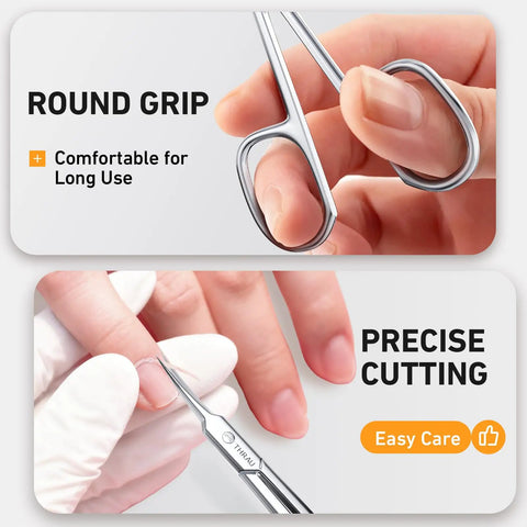 Pro Grade Extra Fine Cuticle Scissors With Curved Blade For Nails And Eyebrows with ergonomic round grip in use