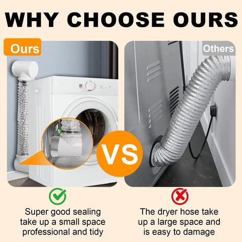 Comparison of Flexible 4 Inch Dryer Vent Hose Kit For Tight Spaces with double 90 degree elbow and standard dryer vent setup.
