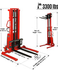 MechMaxx 3300 Lb Semi Electric Straddle Stacker With 118 Inch Lift Height showing dimensions and fork specifications in a warehouse setting.