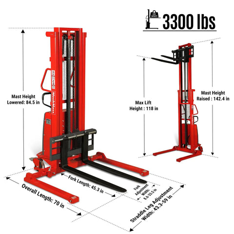 MechMaxx 3300 Lb Semi Electric Straddle Stacker With 118 Inch Lift Height showing dimensions and fork specifications in a warehouse setting.