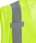 Close up of Heavy Duty Hi Vis Class Two Safety Vest With Zip Front Closure Breathable Mesh Backing in vivid lime with reflective strip.