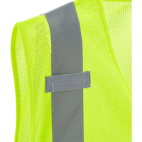 Close up of Heavy Duty Hi Vis Class Two Safety Vest With Zip Front Closure Breathable Mesh Backing in vivid lime with reflective strip.