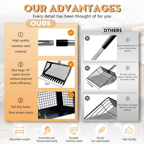 Comparison chart of heavy duty chicken poop scooper and rake 2 in 1 with 10 inch wide scoop and adjustable stainless steel handle.