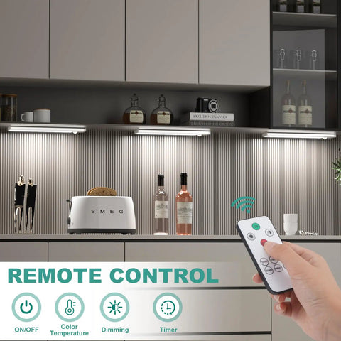 Remote controlled Ultra Thin 60cm Under Cabinet Lights With 106 LEDs shown installed in modern kitchen, showcasing dimming feature.
