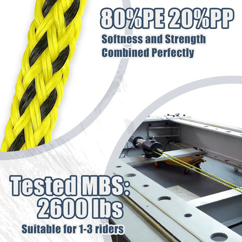 Close-up of 60 Ft Three Rider Tow Rope for water sports, showing 80% PE and 20% PP material, tested MBS 2600 lbs, suitable for 1-3 riders.