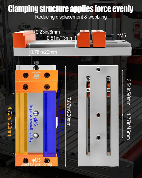 Compact Aluminum Alloy Bench Vise Featuring Slick Low Profile Build Dead Simple Setup Rock Solid Grip For CNC Engraving Machines Quick Wood Metal Plastic Milling Jobs, clamping structure detailed measurements.