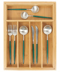 Expandable Bamboo Drawer Organizer For Kitchen Utensils Adjustable Silverware Tray With Dividers displayed with utensils