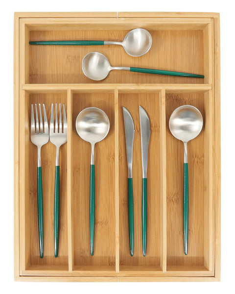 Expandable Bamboo Drawer Organizer For Kitchen Utensils Adjustable Silverware Tray With Dividers displayed with utensils
