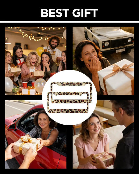 Collage of people gifting Leopard License Plate Frame Set For Women, Rhinestone Diamond Bling Aluminum Chrome Car Frames.