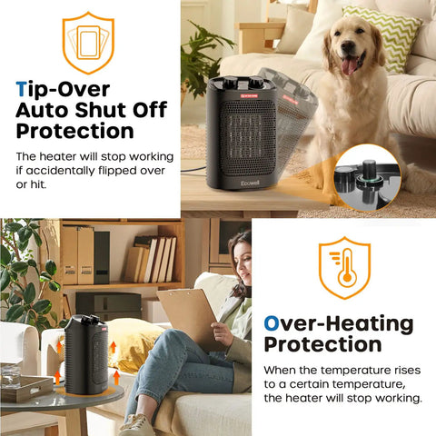 Powerful 1500W Portable Space Heater With 60 Degree Oscillation For Indoor Use showing safety features in home setting with plants and dog.