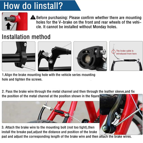 Installation instructions for All In One Universal V Brake Set With Levers And Cables for mountain road BMX bikes
