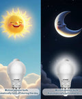 Indoor Motion Sensor Light Bulb A19 E26 13W Equal To 100W Daylight 5800K Dusk To Dawn Security Night Light With PIR Motion Detector No Fuss Auto On When Motion Is Detected Easy Install 5 Pack, shown on/off day and night