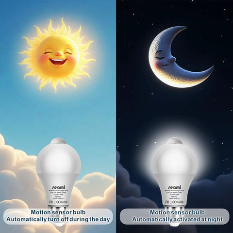Indoor Motion Sensor Light Bulb A19 E26 13W Equal To 100W Daylight 5800K Dusk To Dawn Security Night Light With PIR Motion Detector No Fuss Auto On When Motion Is Detected Easy Install 5 Pack, shown on/off day and night