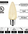 Shatterproof LED bulb showing features for vivid light, polycarbonate lens, and UL certification for 108 Ft Outdoor String Lights With Remote LED G40 Globe Bulbs Shatterproof 4 Modes Waterproof Connectable Patio Lights For Backyard Deck Perfect For Any Outdoor Vibe.