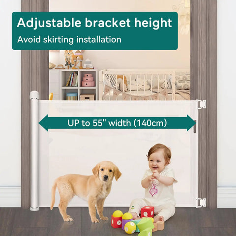 Retractable Baby Gate For Stairs And Doorways, Extra Wide Mesh Safety Gate For Kids And Pets, 33 inches tall in doorway with baby and dog