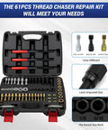 61 Piece Thread Repair Kit For Auto Mechanics And DIYers With Taps Dies Files And Pitch Gauges Rethread Damaged Screws Bolts And Nuts In UNC UNF And Metric M6 To M14, open case display.