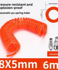 Heavy Duty Spiral Coil Air Compressor Hose Six Meter Length Bright Orange Flexible Pneumatic Tool Hose, coiled with connectors.