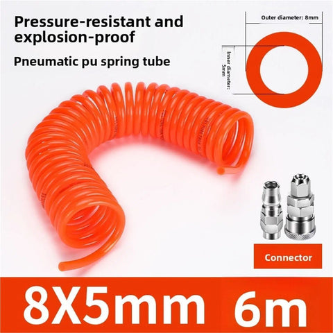 Heavy Duty Spiral Coil Air Compressor Hose Six Meter Length Bright Orange Flexible Pneumatic Tool Hose, coiled with connectors.