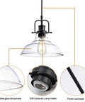 Seeded Glass Pendant Light In Matte Black Finish, showing bubble glass lampshade, E26 holder, power cord braid for kitchen use