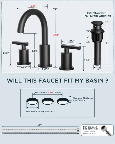 Matte Black 8 Inch Widespread Bathroom Faucet With 3 Holes 2 Handles, 360 Degree Rotating Spout, Drip Free Copper Ceramic Cartridge dimensions