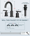 Diagram showing dimensions and components of Oil Rubbed Bronze 3 Hole Widespread Bathroom Faucet With Pop Up Drain No Drip, 8 Inch, Antique Vanity Tap With CUPC Supply Hoses, Fits 6 to 10 Inch Sinks for a Boss Restroom Remodel.