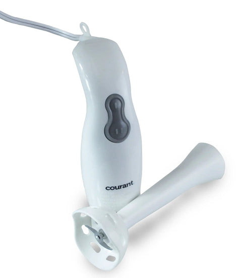 Knockout 200W Immersion Hand Blender With Stainless Steel Blades Whips Up Smoothies And Crushes Ice Effortlessly In Sweet White Finish With 2 Speed Settings For Easy Peasy Cleanup And Lightweight Grip Action On The Daily Chores, featuring ergonomic design and blending attachment.