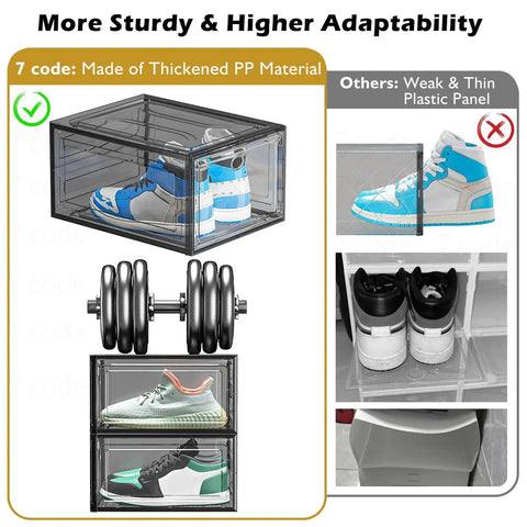 Thick And Sturdy Clear Shoe Storage Organizer With Magnetic Door Built To Last Space Saving Stackable Plastic Shoe Boxes For Closet Foldable Shoe Rack For Sneakers And Boots Six Pack Black Heavy Duty Design showing comparison of materials and durability.