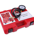 BETOOLL Pro fuel injection pressure tester kit, front view, 0-140 PSI gauge, red carrying case