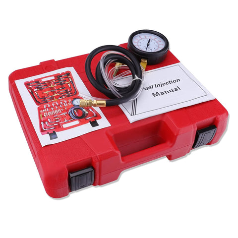 BETOOLL Pro fuel injection pressure tester kit, front view, 0-140 PSI gauge, red carrying case