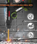 Masonry drill bit installed in cordless hammer drill; 1/4-inch titanium-coated bit on brick wall background