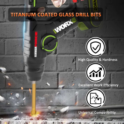 Masonry drill bit installed in cordless hammer drill; 1/4-inch titanium-coated bit on brick wall background