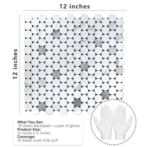 Penny Round Tile Peel And Stick Backsplash Kit With White Marble Look And Silver Metal Accent Self Adhesive Mosaic Tiles, 12x12 inches