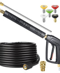 Pressure Washer Gun And Hose Kit 25 Ft Kink Resistant Hose With Swivel Quick Connect And M22 To 14mm Fittings 4000 PSI Rated Replacement For Ryobi Simpson Craftsman, includes multiple nozzles, hose and gun visible
