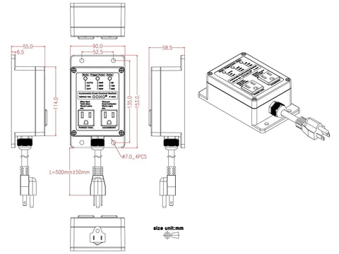 Technical drawing of Automatic Dust Control Switch For Contractors And Woodworkers, Hands Free Vacuum Switch.