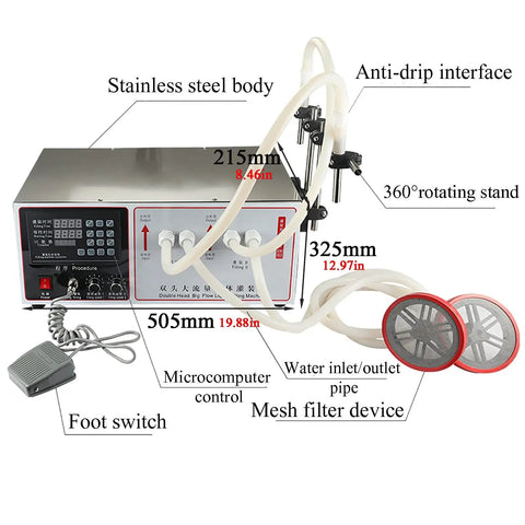 High Performance Double Head Peristaltic Pump Liquid Filling Machine With Digital Screen and No Drip Nonsense showing stainless steel body and control panel.