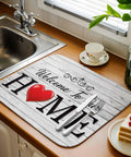 Red Heart Dish Drying Mat For Kitchen Counter Super Absorbent Microfiber With White Retro Wood Grain Design 16x18 Inches