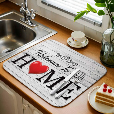 Red Heart Dish Drying Mat For Kitchen Counter Super Absorbent Microfiber With White Retro Wood Grain Design 16x18 Inches