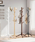 Wooden Coat Rack Stand With Eight Hooks Freestanding Coat Tree With Three Adjustable Heights in four colors in a modern room