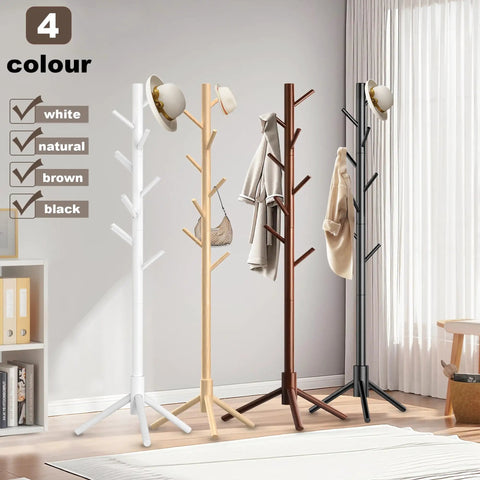 Wooden Coat Rack Stand With Eight Hooks Freestanding Coat Tree With Three Adjustable Heights in four colors in a modern room