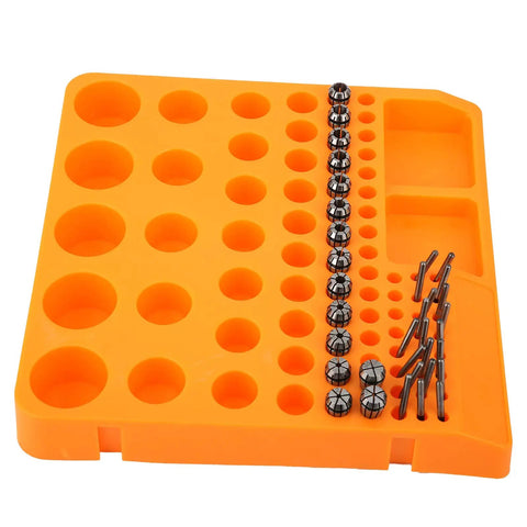 FTVOGUE ER11 Collet Chuck And Pointed Knife Set For CNC Milling shown on an orange organizer with multiple holes for bits and tools.